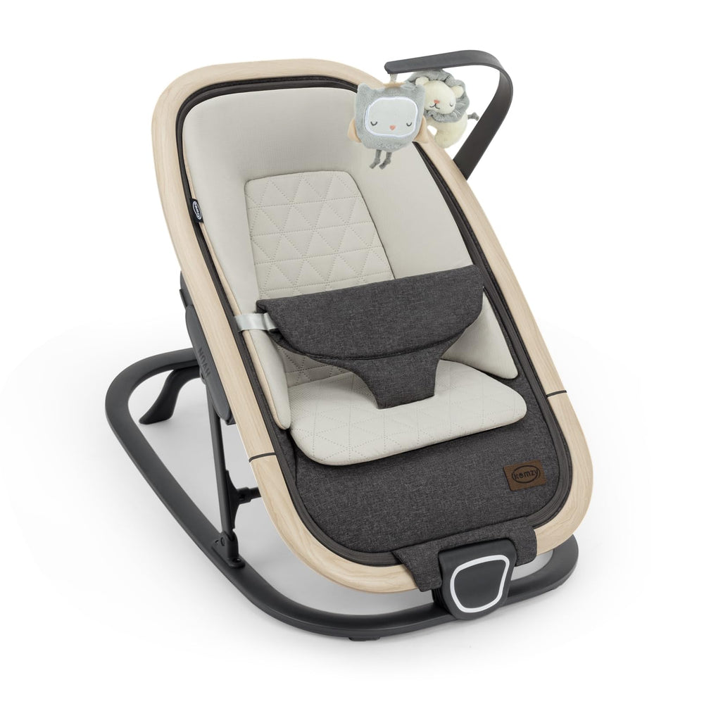 IKOMZY Noah bouncer seat side view highlighting ergonomic support for soothing newborns