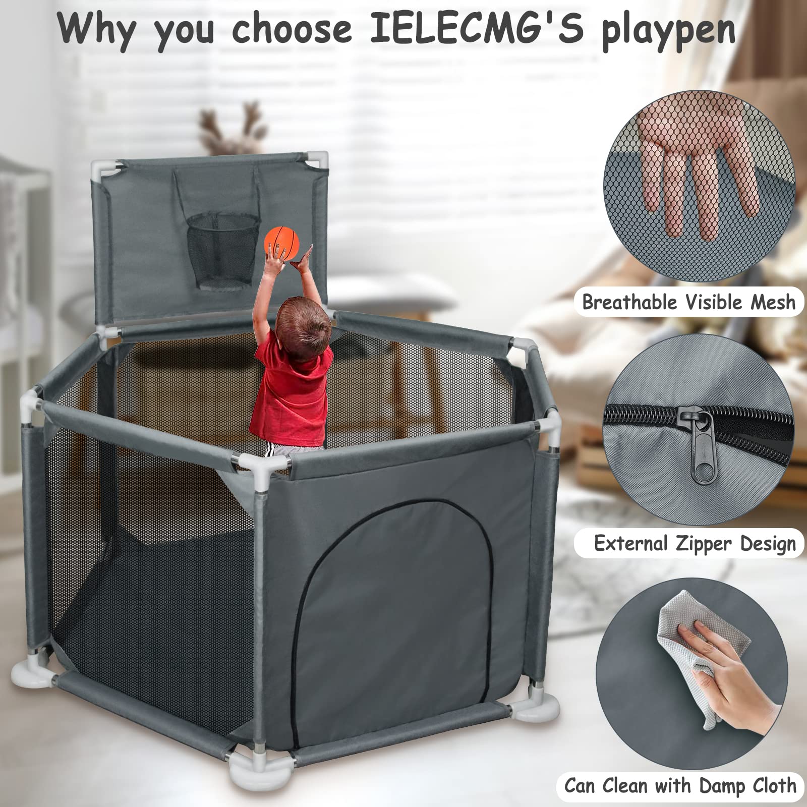 IELECMG baby playpen 360-view provides visibility from all sides for parental peace of mind.