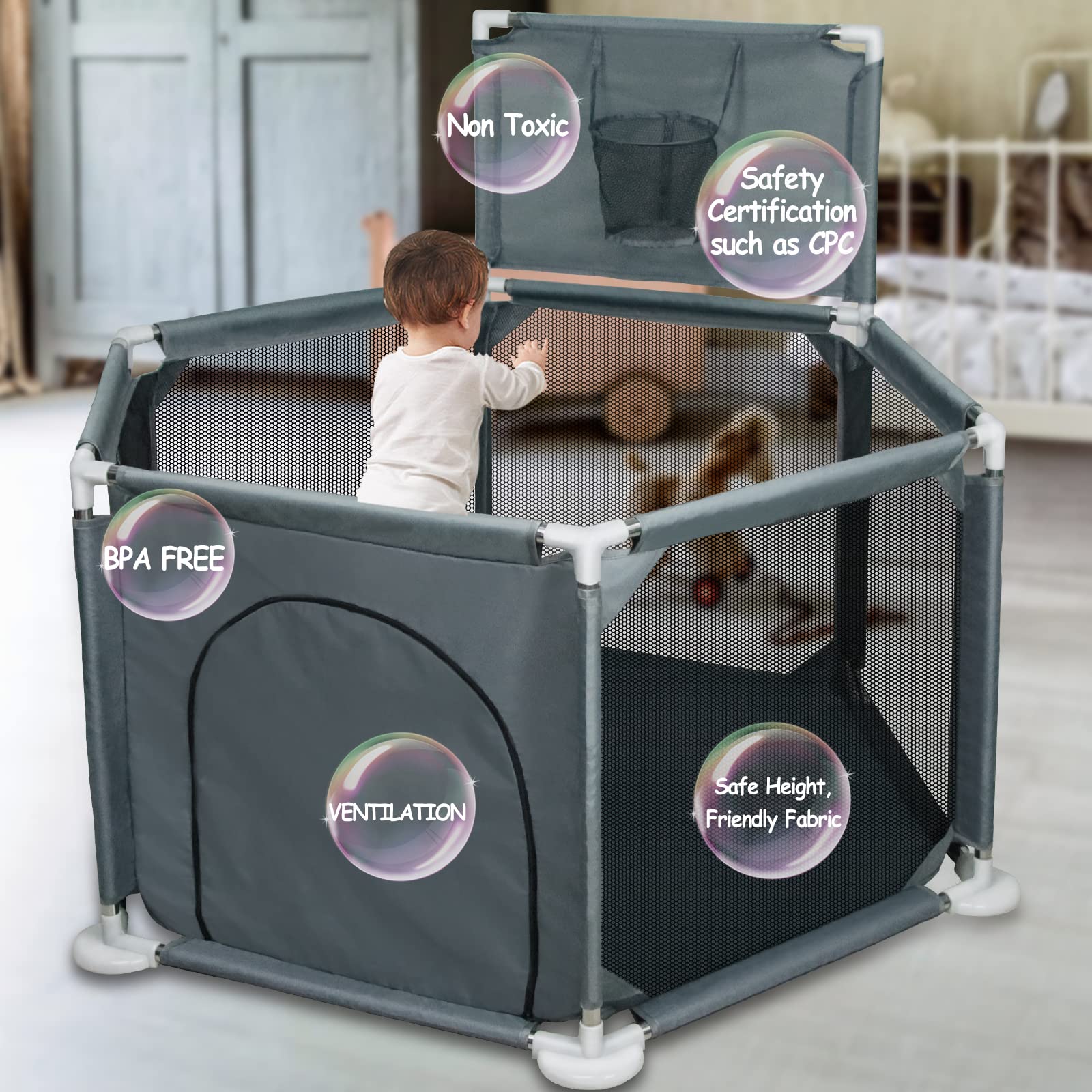 IELECMG baby playpen outer view shows breathable mesh for supervision and comfort.