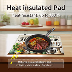 ILIEMOC Home Sweet Home stovetop cover resists heat up to 400°F for hot-pan placement.