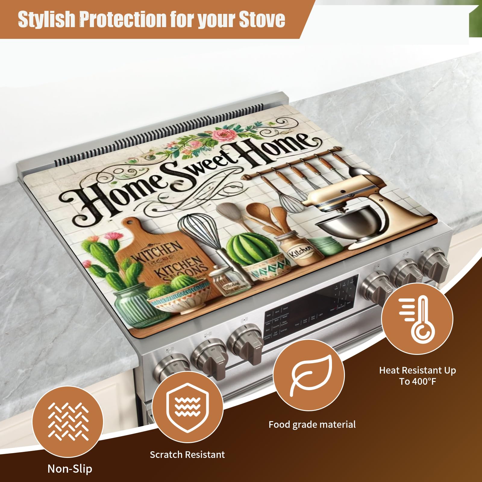ILIEMOC Home Sweet Home stovetop cover features non-slip rubber for stable prep.