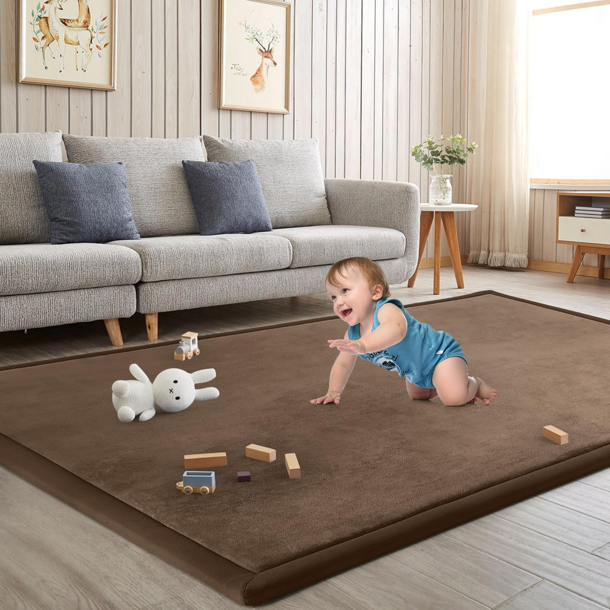ILPEOD baby play mat with coffee velvet cover provides gentle cushioning for tummy time and crawling