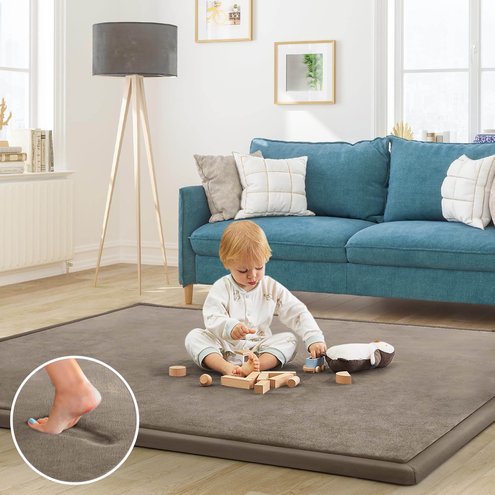 ILPEOD baby play mat with coral velvet surface provides a soft, safe play area.
