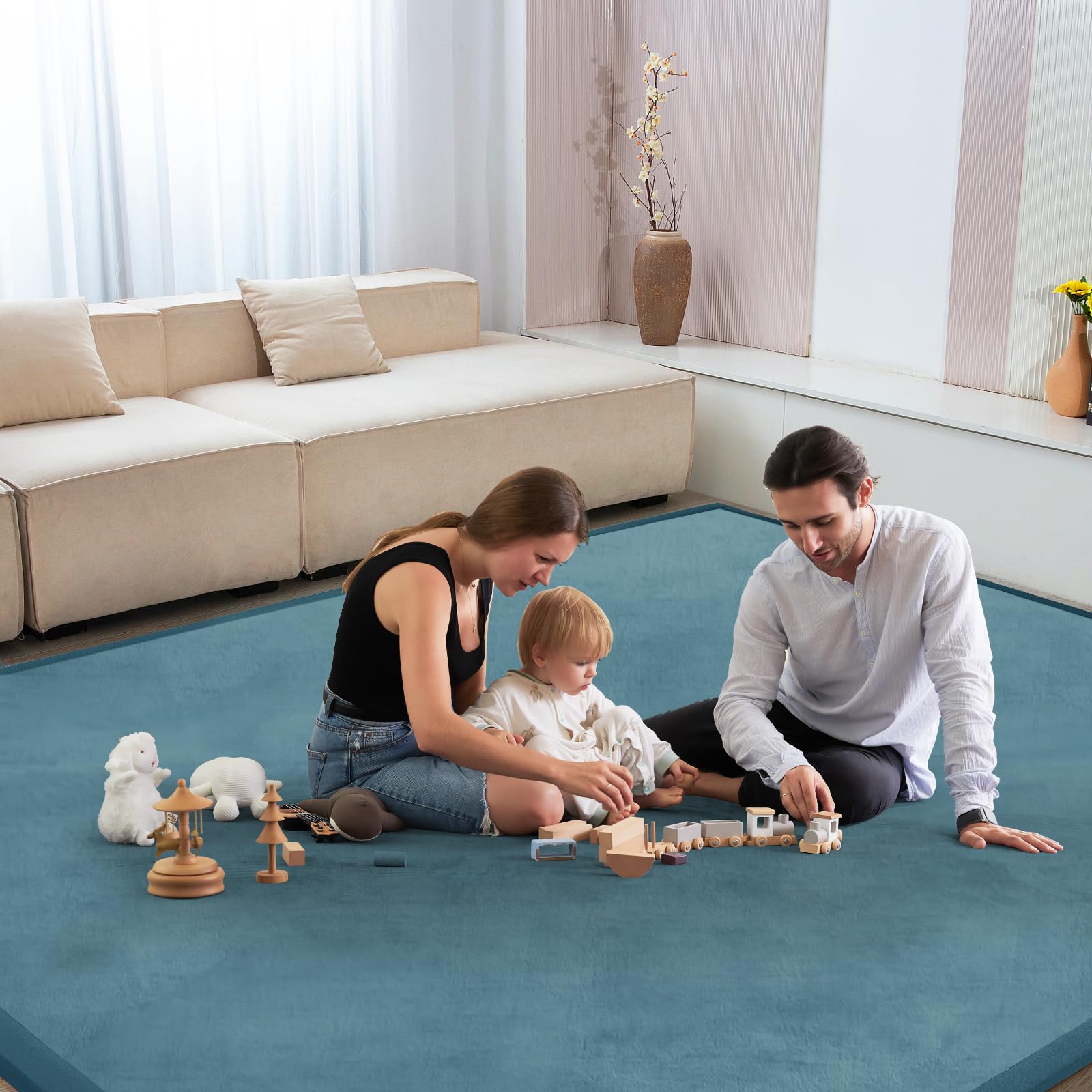 ILPEOD Baby Play Mat living room green scene demonstrates stylish, color-safe design.