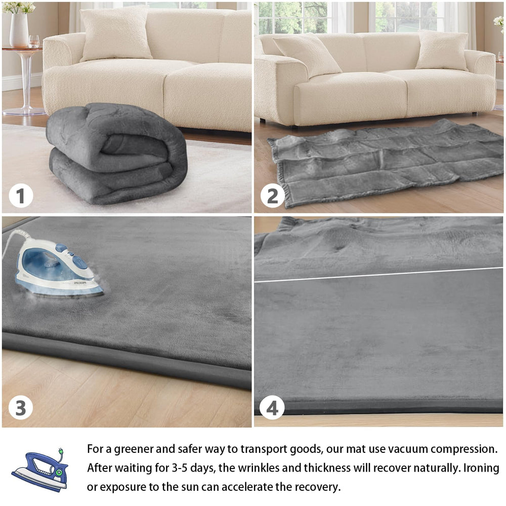 ILPEOD grey mat in use for crawling and tummy time on living room floor