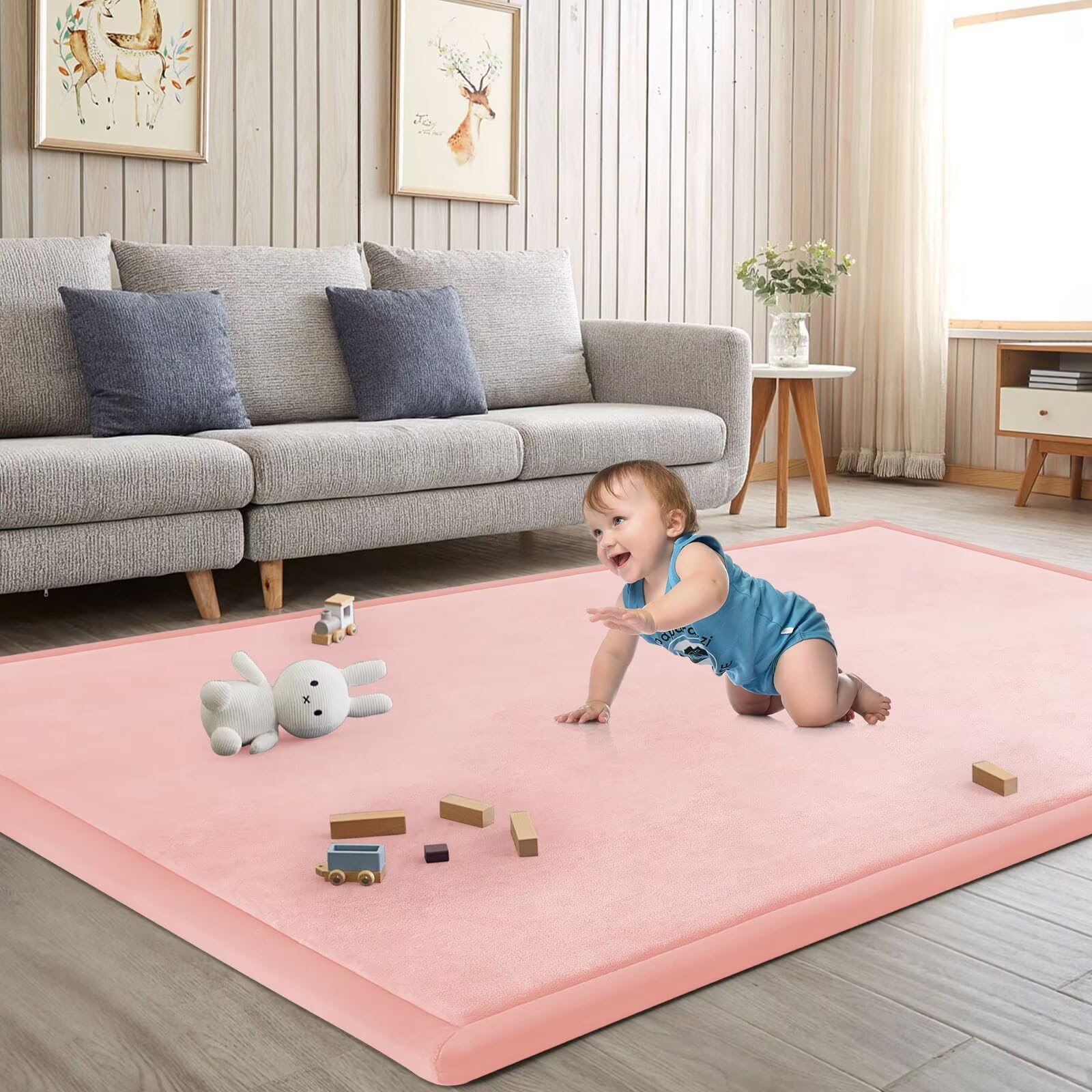 ILPEOD baby play mat pink front view showing safe, soft surface for tummy time