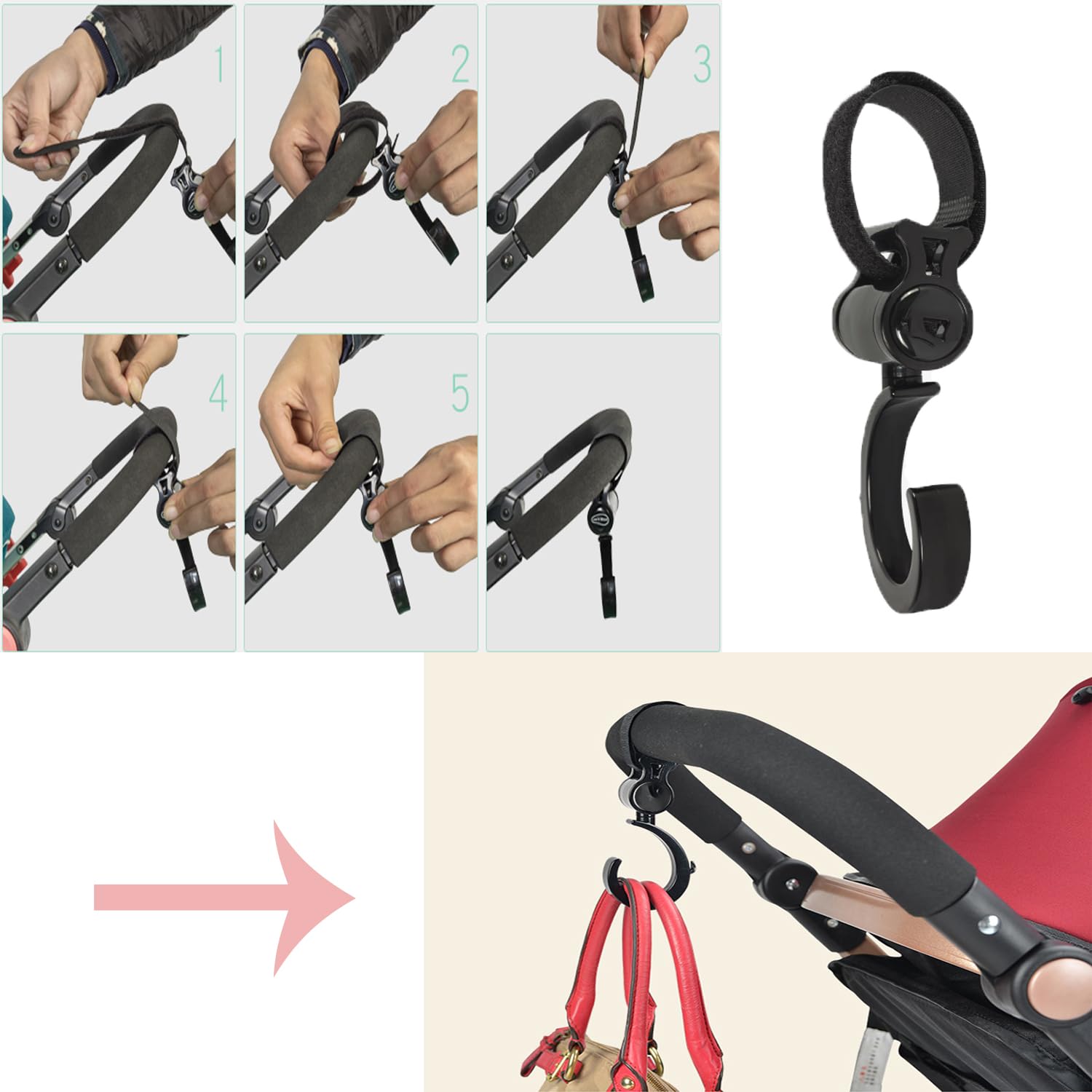 iLulala stroller hook curved opening securely grips bags during travel.