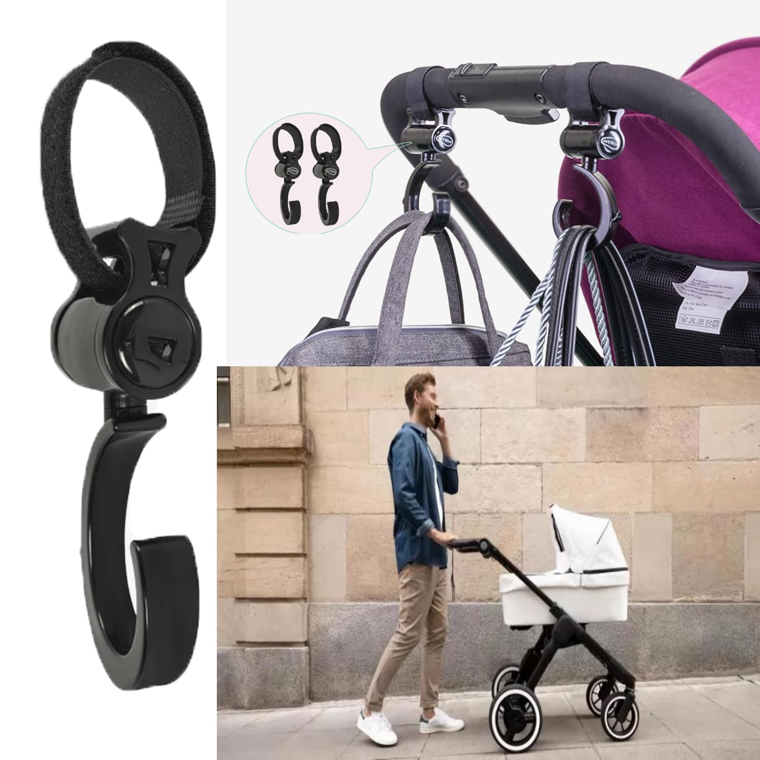 iLulala stroller hook in use on a walker keeps essentials organized.