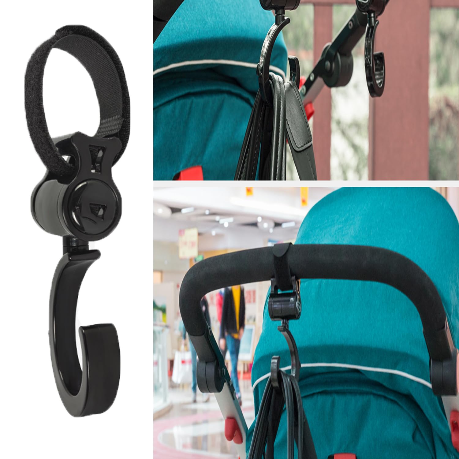 iLulala walker hook with adjustable strap fixes easily on rails.