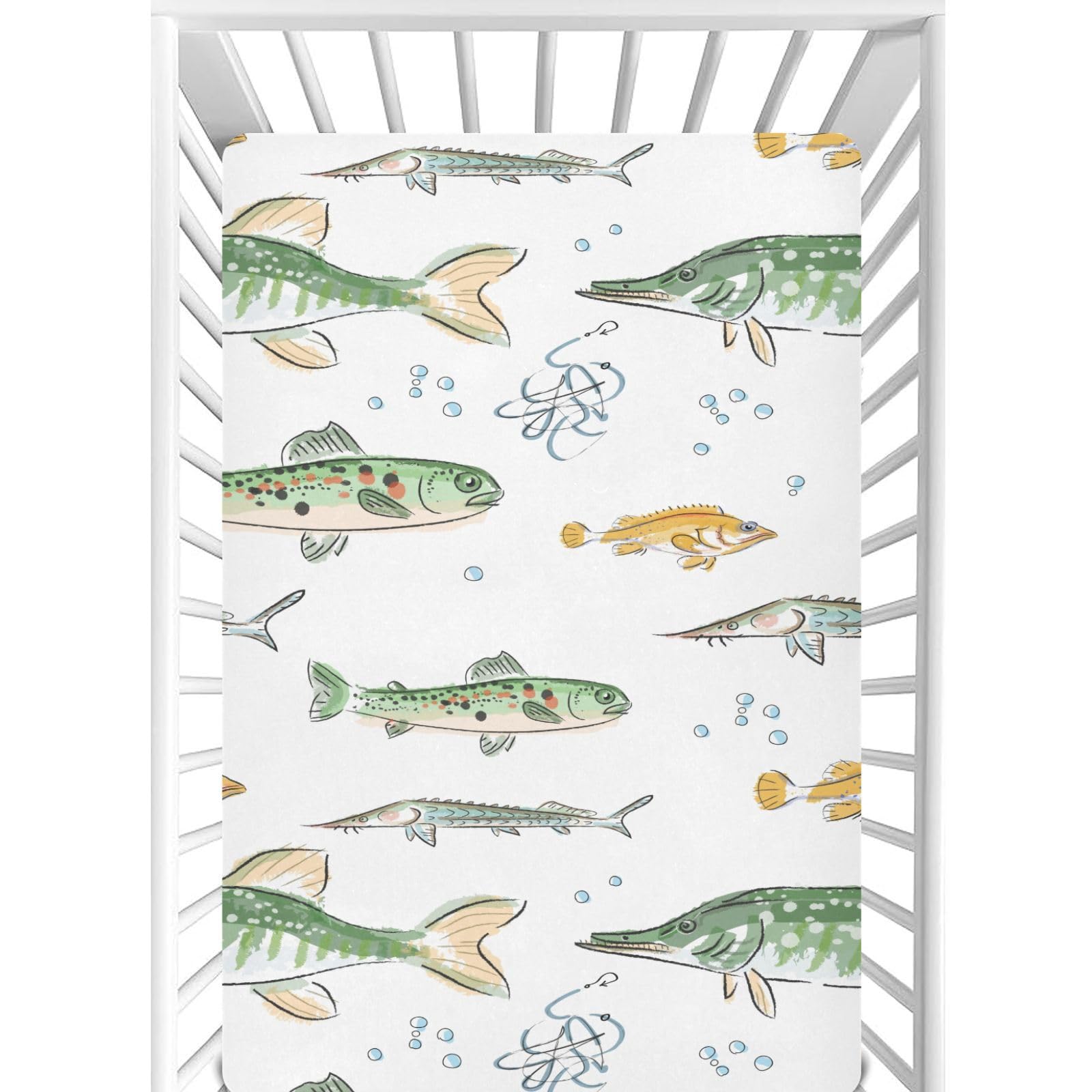 CaTaKu Watercolor Fish Mini Crib Sheets for Girls Boys Baby Mattress Sheets Fitted, Soft Toddler Nursery Bed Sheets Neutral 28"x 52"