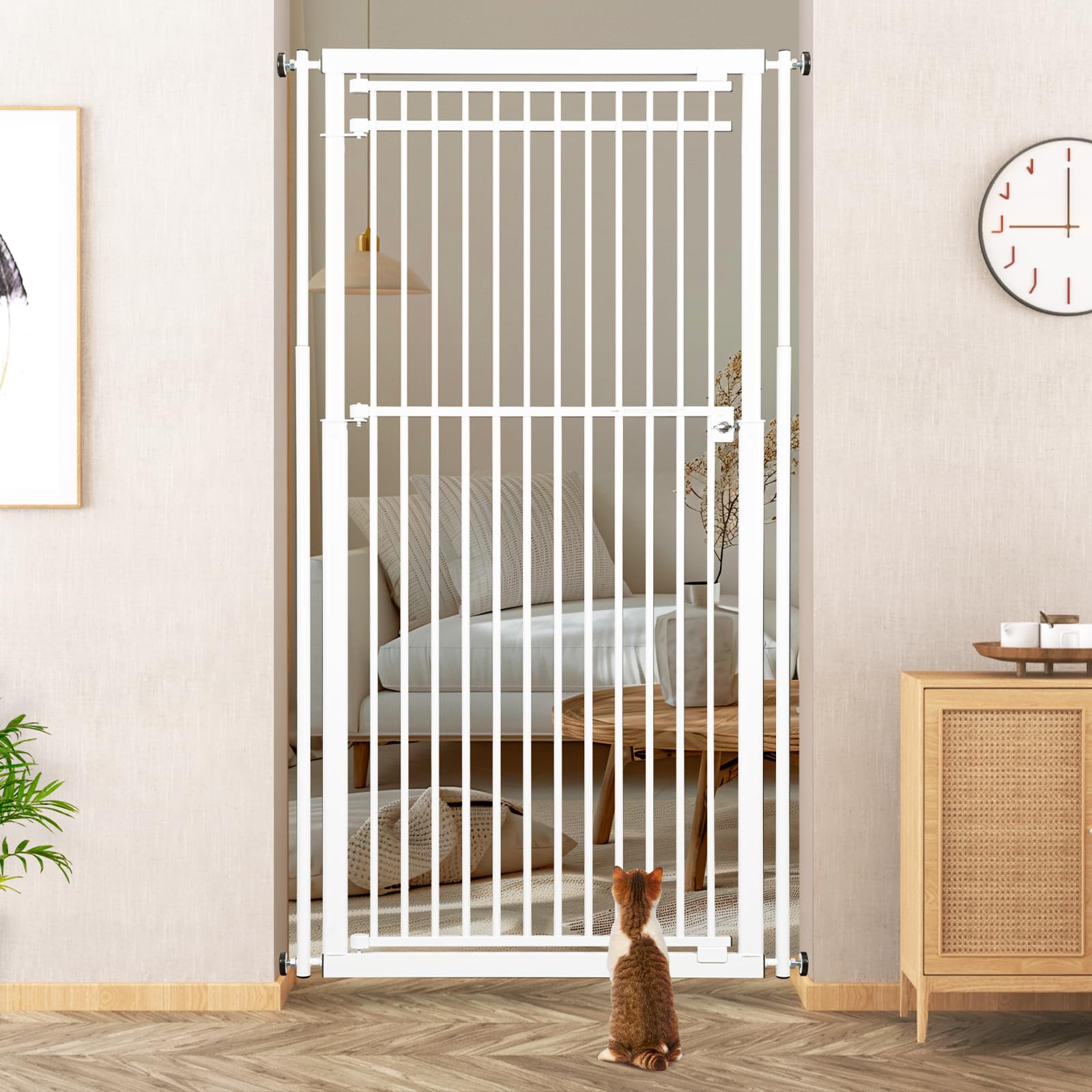 WIDERSAFER 78.8" Extra Tall Cat Gate, 28.3-33" Wide Safety Metal Cat Door, Pressure Mounted Easy Walk Through Pet Gate with Door for Stairs, Doorways, White