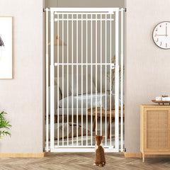 WIDERSAFER 78.8" Extra Tall Cat Gate, 28.3-33" Wide Safety Metal Cat Door, Pressure Mounted Easy Walk Through Pet Gate with Door for Stairs, Doorways, White