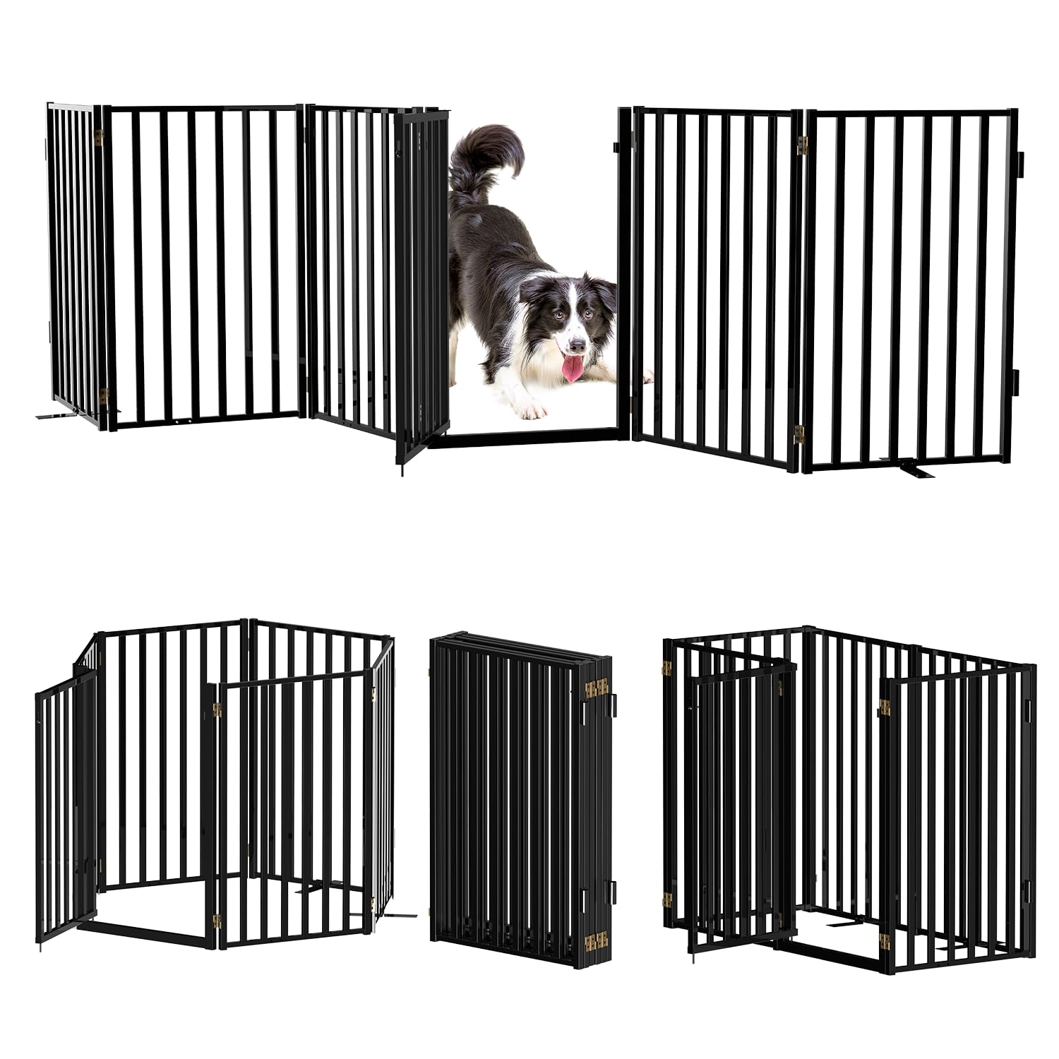 Lezbanz Full Metal Freestanding Dog Gates with Door, 32" Height Dog Fences for Indoor & Outdoor, Extra Wide Foldable Pet Gates for Stairs, Hallways, Doorways, Yard (6 Panels, 120" W × 32" H)