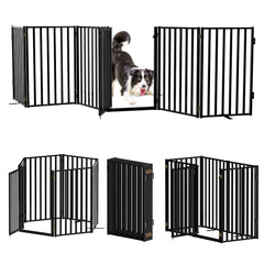 Lezbanz Full Metal Freestanding Dog Gates with Door, 32" Height Dog Fences for Indoor & Outdoor, Extra Wide Foldable Pet Gates for Stairs, Hallways, Doorways, Yard (6 Panels, 120" W × 32" H)
