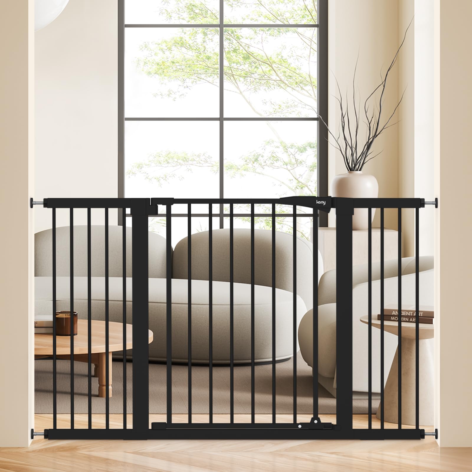 keny baby gate wide adjustable in black expanding to fit large doorways for safer spaces