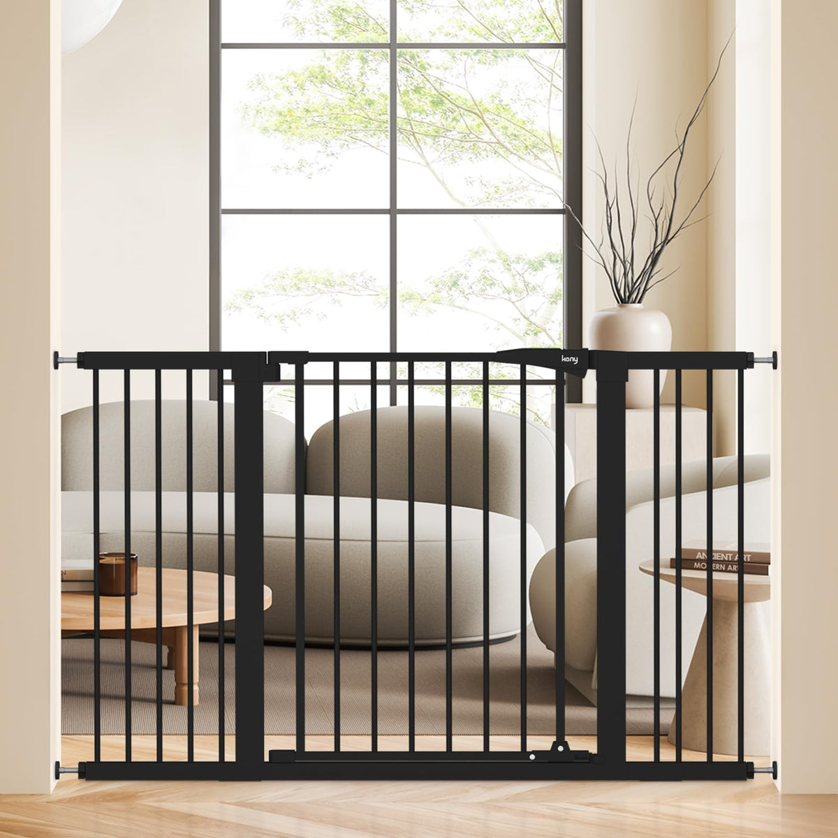keny baby gate wide adjustable in black expanding to fit large doorways for safer spaces