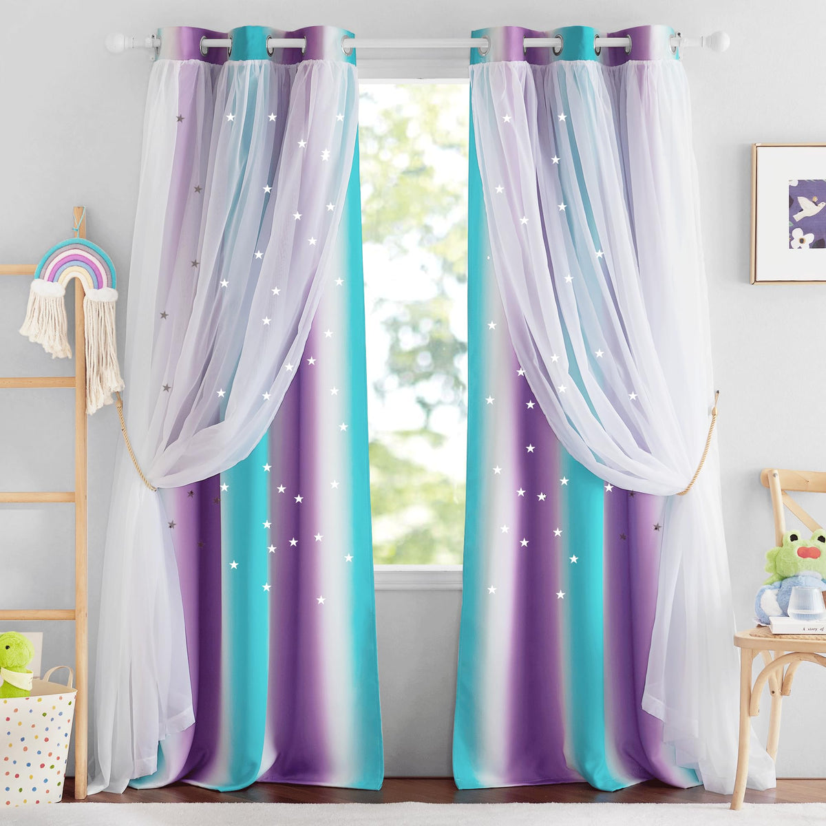 NICETOWN 2 Panels Blackout Curtains for Girls Bedroom 84 Inch Length Living Room Curtains Star Cutout Curtains for Nursery Wall Home Aesthetic Kids Curtains, 42W x 84L, Teal & Purple