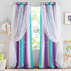 NICETOWN 2 Panels Blackout Curtains for Girls Bedroom 84 Inch Length Living Room Curtains Star Cutout Curtains for Nursery Wall Home Aesthetic Kids Curtains, 42W x 84L, Teal & Purple