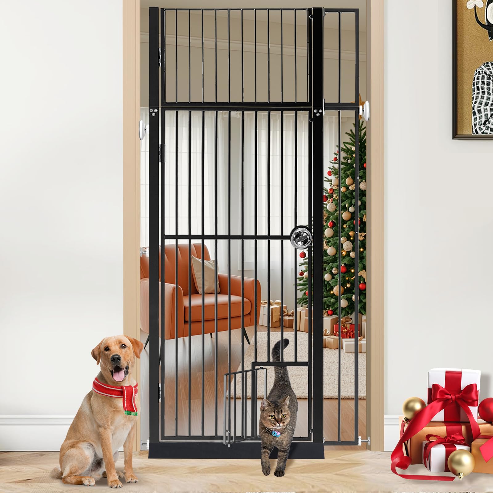 INRLKIT 71" Extra Tall Pet Gate Cat Gate with Cat Door, Fits for 28.7"&37.5" Extra Wide Pressure Mounted Pet Barrier Auto-Close Safety Pet Gate with Walk Through Door Latch,Black