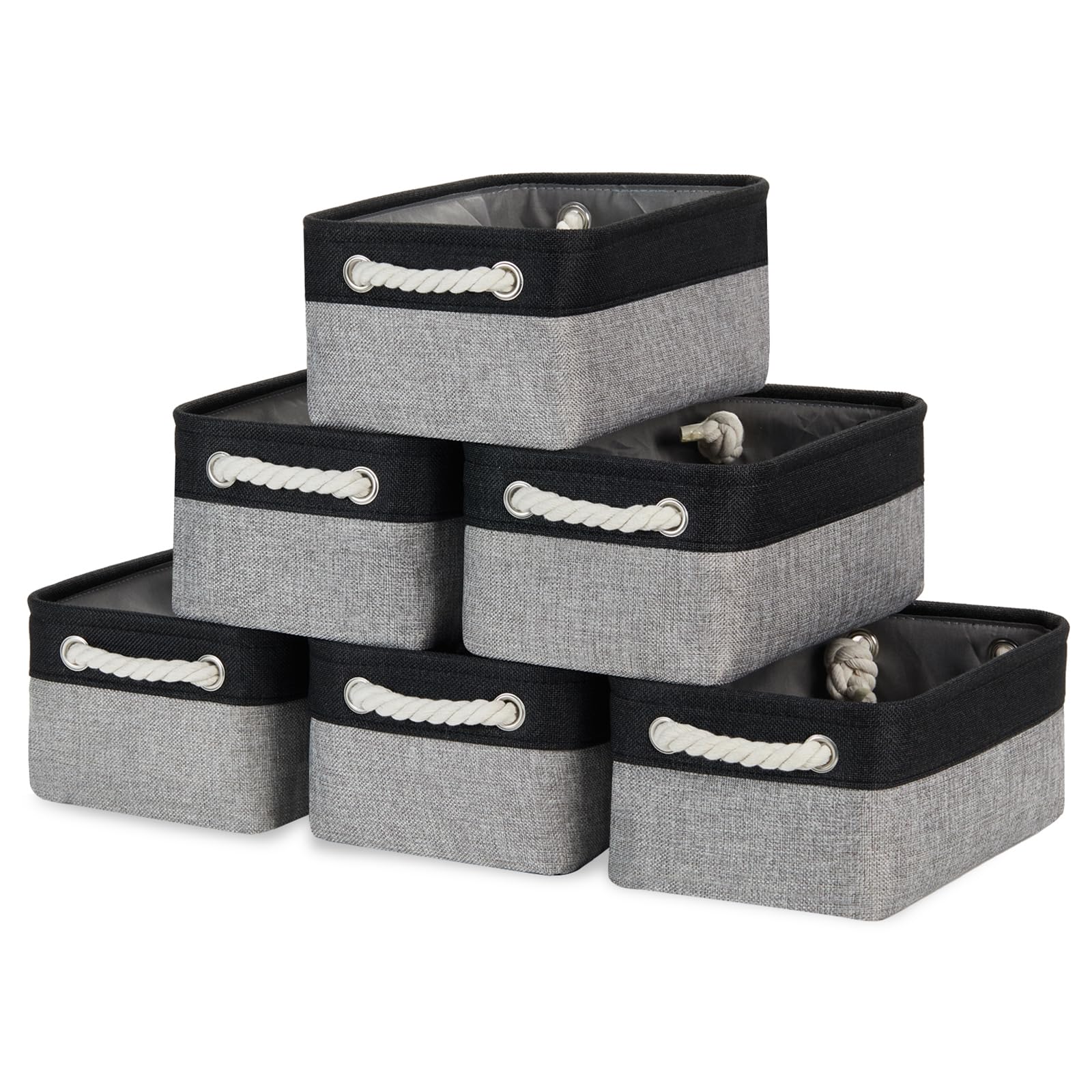 Bidtakay Storage Baskets [6 Pack] Small Fabric Canvas Collapsible Storage Bins 11.8 X 7.8 X 5 Inches Organizer Baskets with Handles Decorative Square Baskets for Cabinet Shelves Closet(Black&Grey)