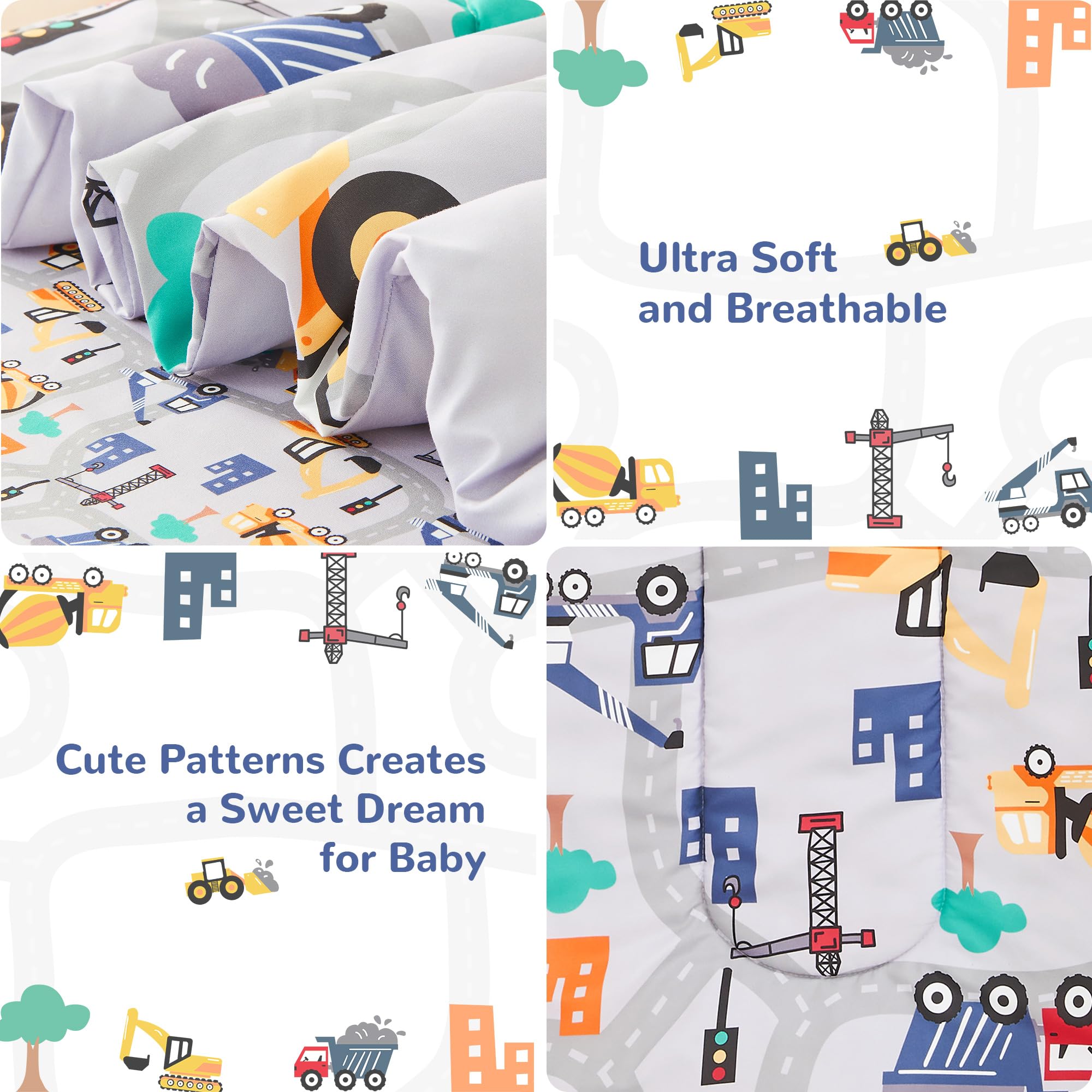 lasoftan Construction Toddler Bedding Set for Boys, 4 Piece Bed-in-a-Bag Toddler Comforter Sets, Excavator, Cars Printed, Super Soft and Comfortable Microfiber Todeeler Bed Set