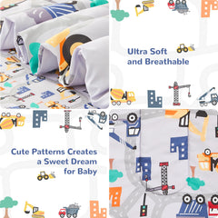 lasoftan Construction Toddler Bedding Set for Boys, 4 Piece Bed-in-a-Bag Toddler Comforter Sets, Excavator, Cars Printed, Super Soft and Comfortable Microfiber Todeeler Bed Set