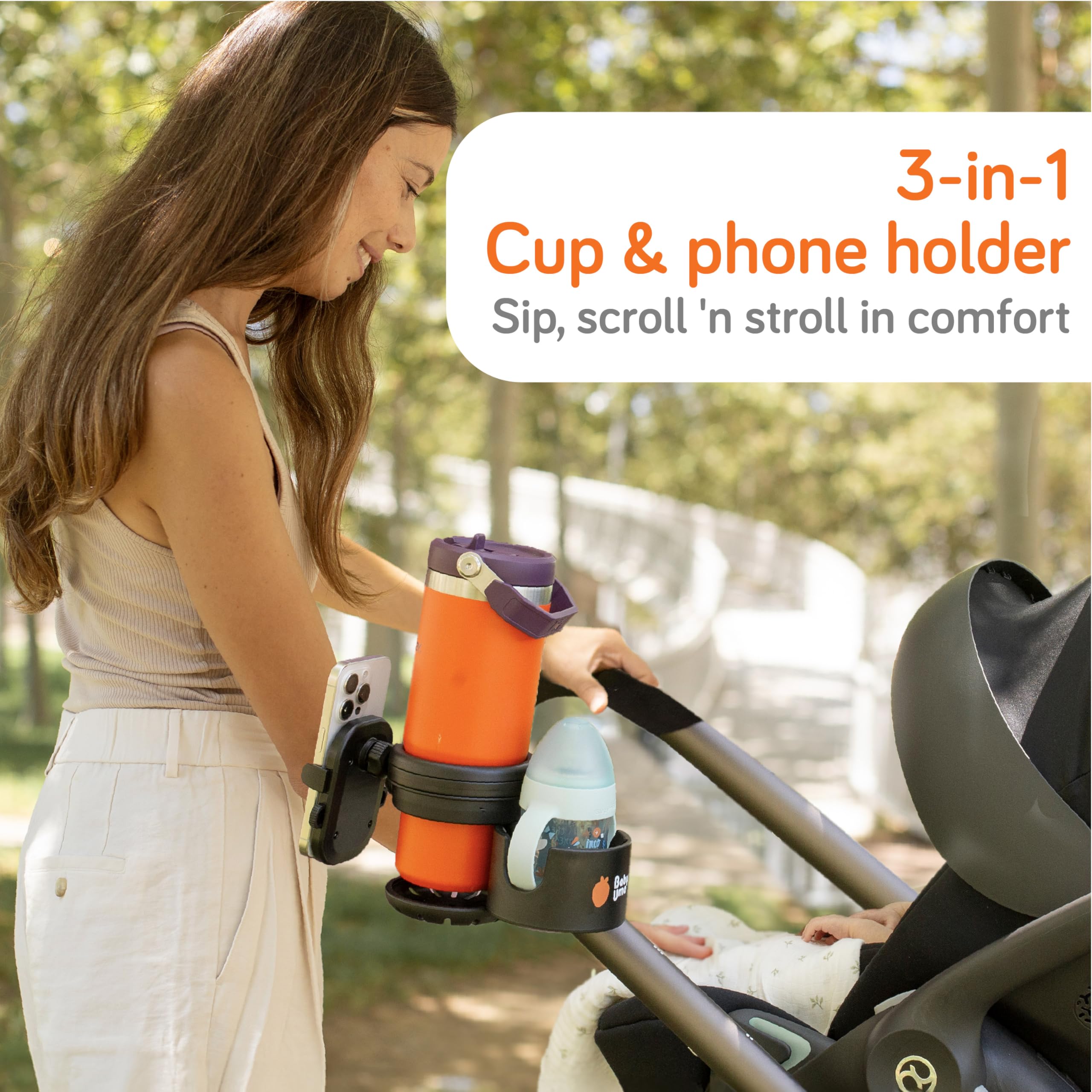 Baby Uma stroller anti-slip mount keeps cups steady during strolls on uneven sidewalks.