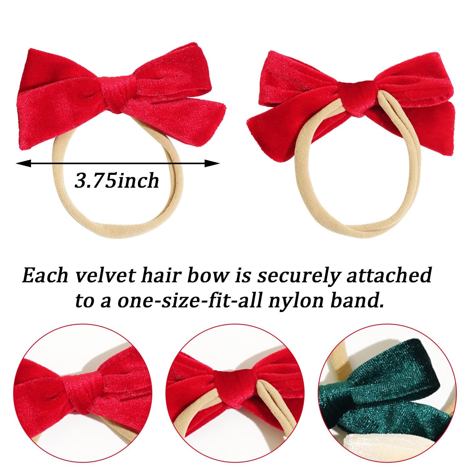 Jeffan 3Pcs 3.75" Velvet Baby Bows Headbands, Nylon Hairbands Elastic Hair Accessories for Newborn Infant Toddlers(Red, Beige, Dark Green)
