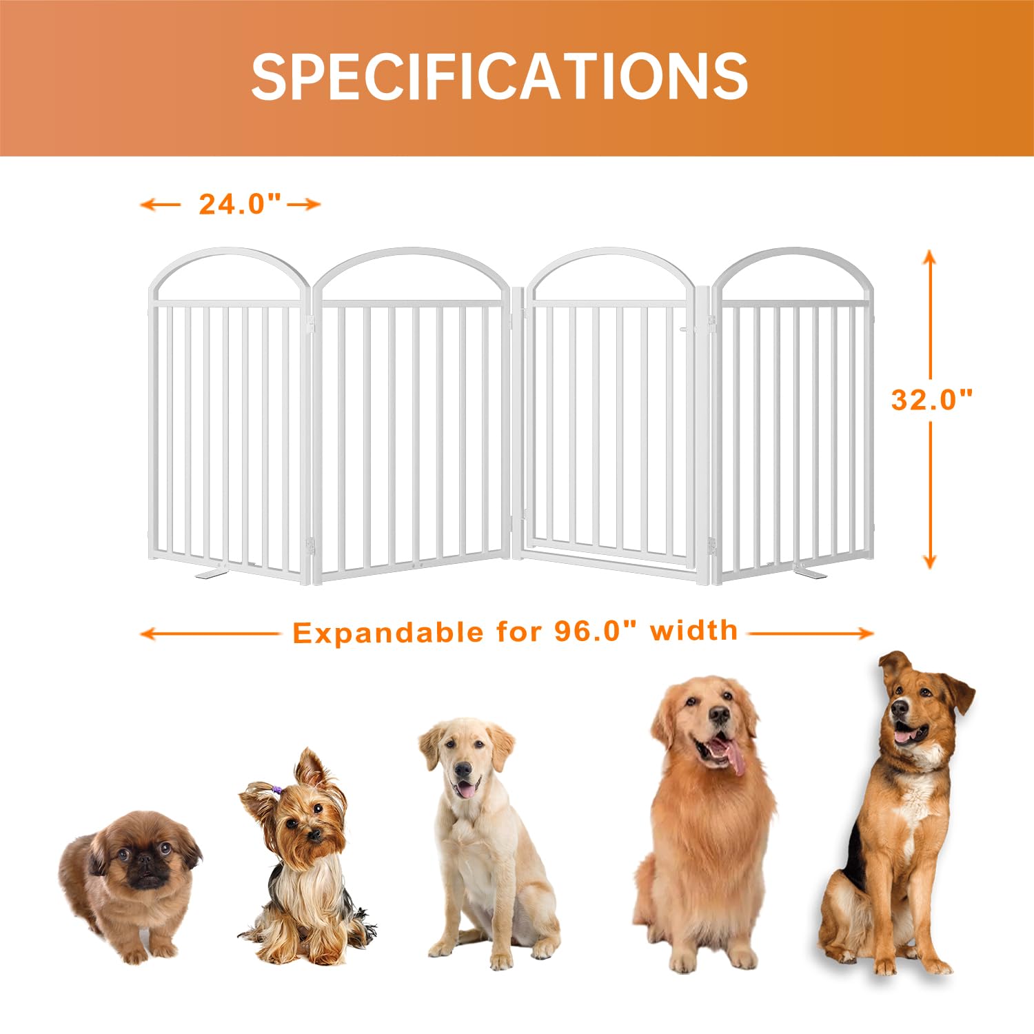 SNUOWU 4 Panles Full Matel Freestanding Dog Gates with Door, 96"Extra Wide 32"Tall Free Standing Dog Pet Gate for Indoor & Outdoor. Foldable Pet Fences for Doorways, House, Stairs, Porch, Deck, Yard