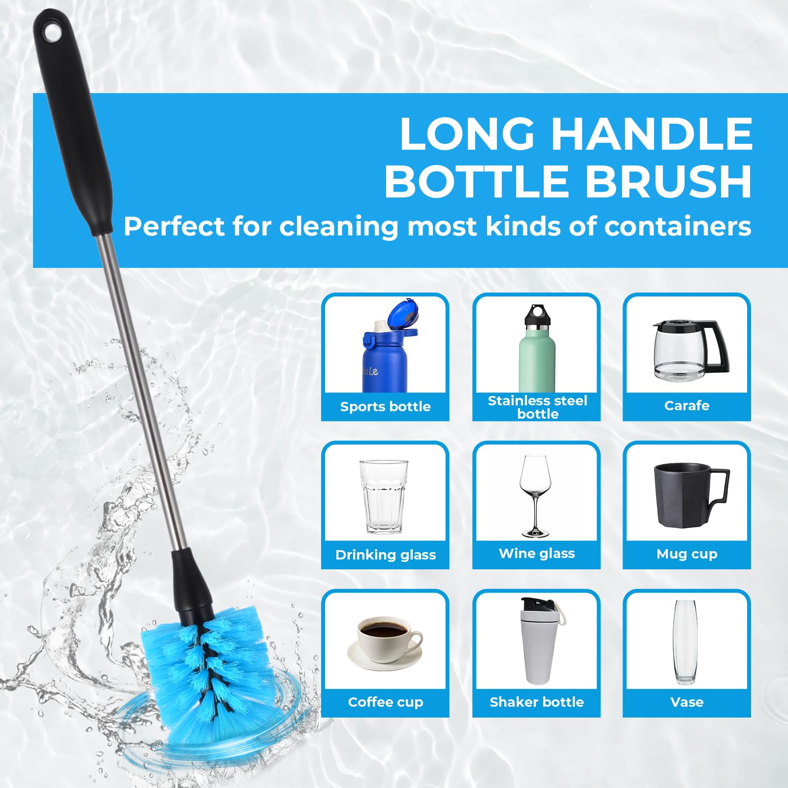 5 Pack Bottle Cleaner Brush, Straw Cleaner Brush & Long Handle - Water Bottle Brush for Narrow Bottles, Baby Bottles, Mugs, Flasks, Wine Decanters, Coffee Cups - Includes 3 Straw Cleaners