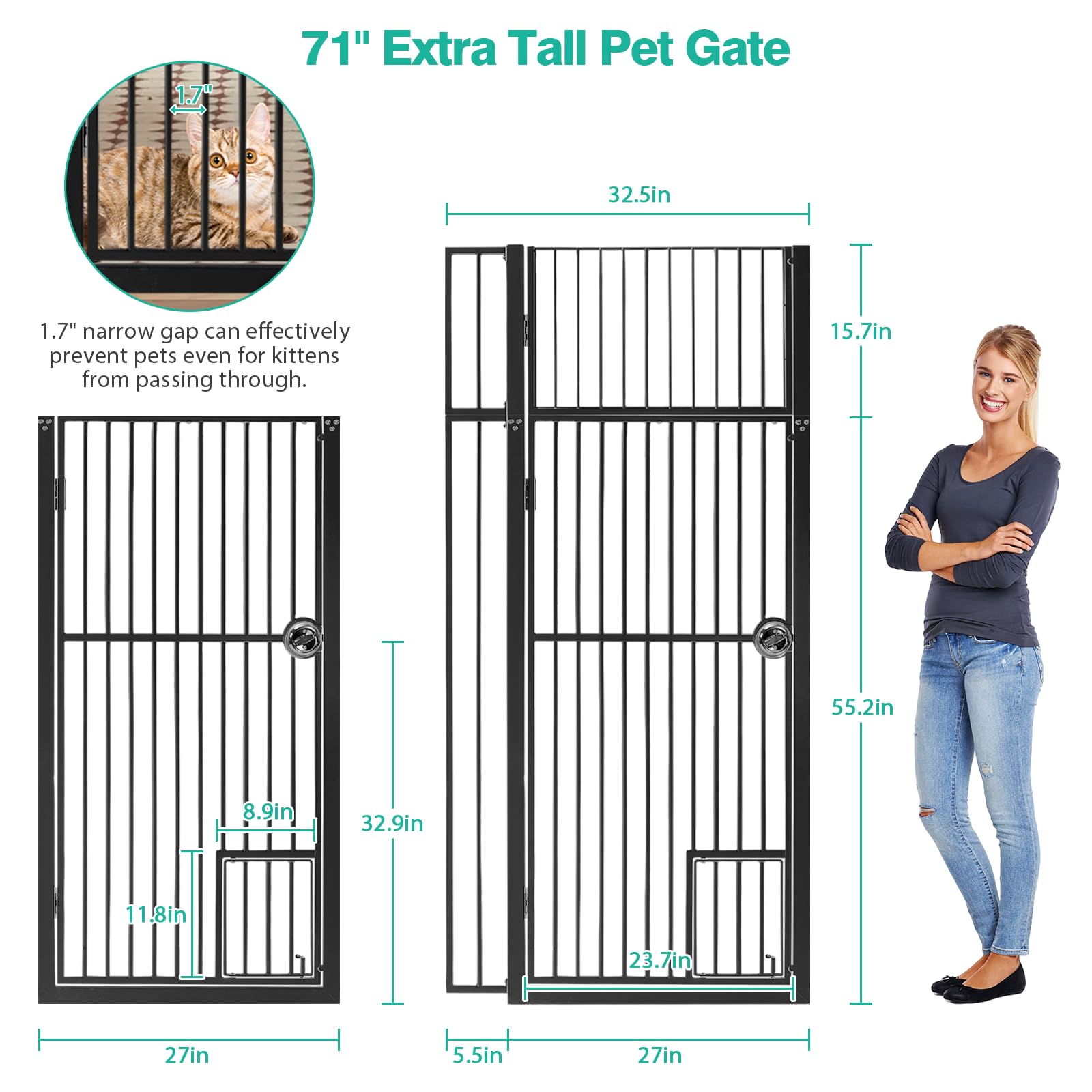 INRLKIT 71" Extra Tall Pet Gate Cat Gate with Cat Door, Fits for 28.7"&37.5" Extra Wide Pressure Mounted Pet Barrier Auto-Close Safety Pet Gate with Walk Through Door Latch,Black