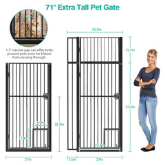 INRLKIT 71" Extra Tall Pet Gate Cat Gate with Cat Door, Fits for 28.7"&37.5" Extra Wide Pressure Mounted Pet Barrier Auto-Close Safety Pet Gate with Walk Through Door Latch,Black