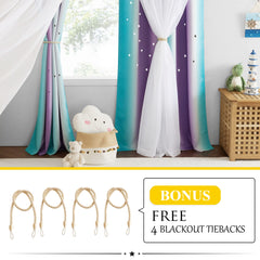 NICETOWN 2 Panels Blackout Curtains for Girls Bedroom 84 Inch Length Living Room Curtains Star Cutout Curtains for Nursery Wall Home Aesthetic Kids Curtains, 42W x 84L, Teal & Purple