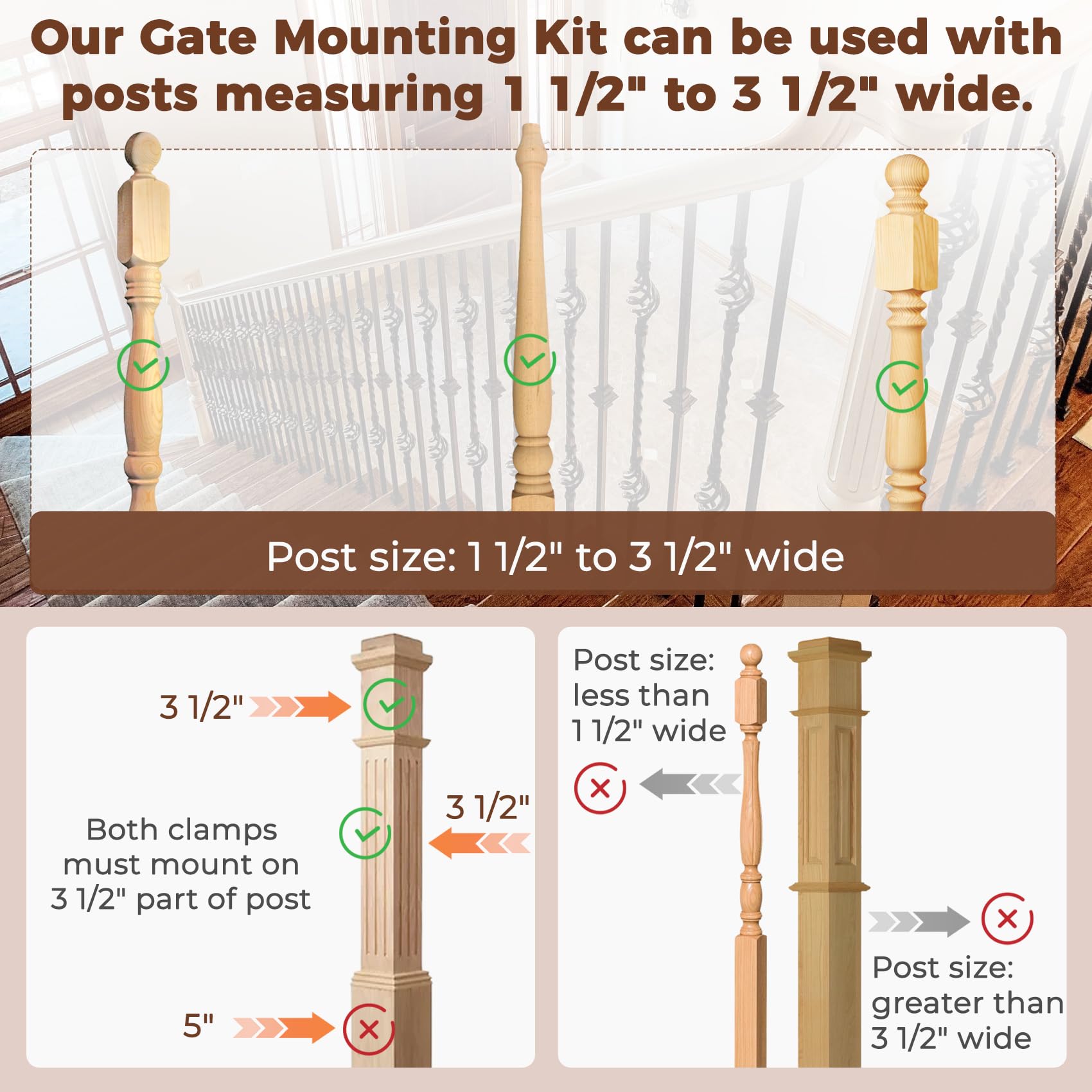 2 PCS No Hole Stairway Baby Gate Mounting Kit, Baby Gate Banister Adapter - Fits Posts from 1 1/2" to 3 1/2" Wide, Universal Banister Adapter Kit for Pressure and Hardware Mounted Stair Gates