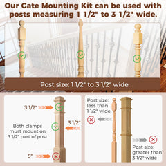 2 PCS No Hole Stairway Baby Gate Mounting Kit, Baby Gate Banister Adapter - Fits Posts from 1 1/2" to 3 1/2" Wide, Universal Banister Adapter Kit for Pressure and Hardware Mounted Stair Gates