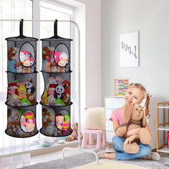 Basumee-stuffed-animals-hammock-mesh hangs toys neatly for quick access.