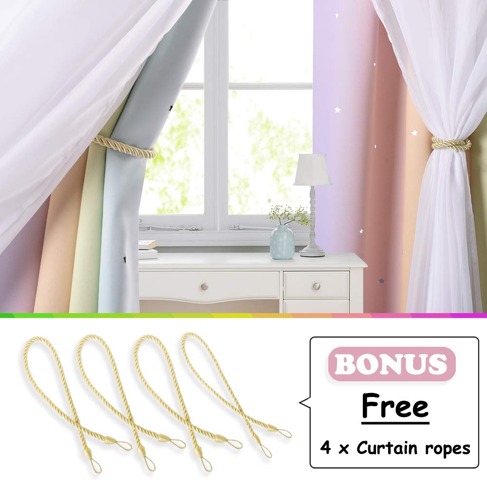 NICETOWN Star Curtains for Kids Room Girls Bedroom Decor, Light Blocking Voile Overlay Princess Star Hollowed Curtain for Nursery/Thanksgiving, 2 Panels (W42 x L63, Rainbow)