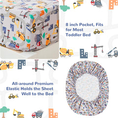 lasoftan Construction Toddler Bedding Set for Boys, 4 Piece Bed-in-a-Bag Toddler Comforter Sets, Excavator, Cars Printed, Super Soft and Comfortable Microfiber Todeeler Bed Set
