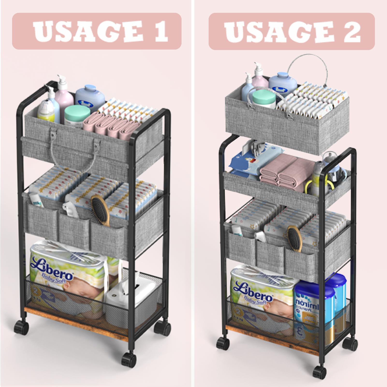 LIDTOP 2In1 Baby Diaper Caddy & 3-Tier Rolling Diaper Cart, Diaper Caddy Organizer Cart with Dividers, Mobile Metal Utility Cart for Nursery Essentials, Detachable Bedside Cart, Large Capacity