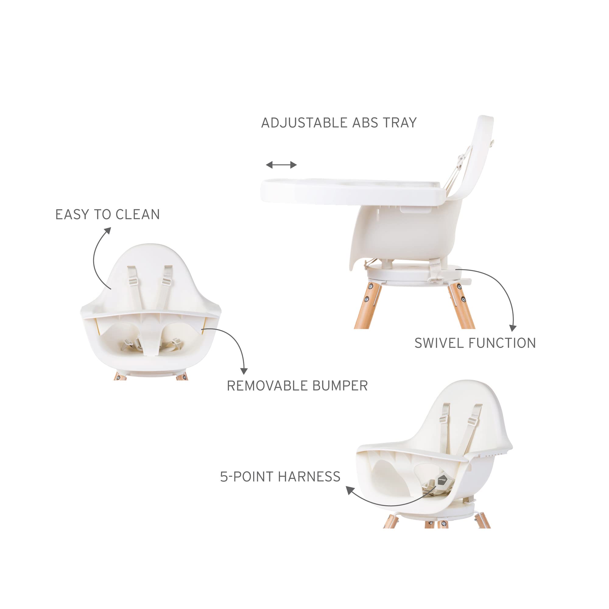 Childhome Evolu One.80° 2 in 1 Baby High Chair with 180° Swivel, Adjustable Height Baby High Chair, Sleek Modern with Beechwood Legs, White