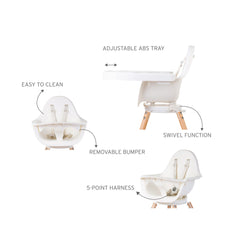 Childhome Evolu One.80° 2 in 1 Baby High Chair with 180° Swivel, Adjustable Height Baby High Chair, Sleek Modern with Beechwood Legs, White