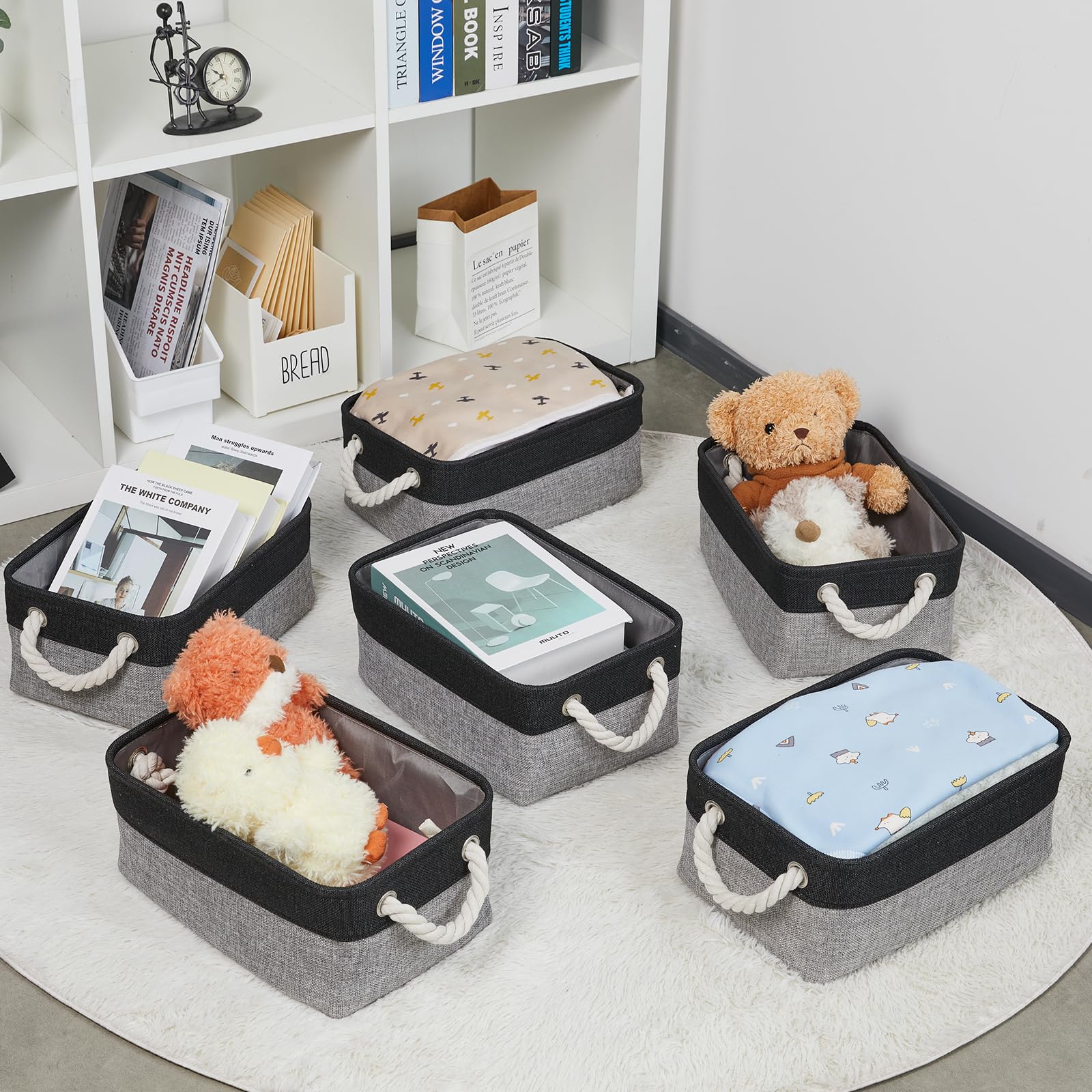 Bidtakay Storage Baskets [6 Pack] Small Fabric Canvas Collapsible Storage Bins 11.8 X 7.8 X 5 Inches Organizer Baskets with Handles Decorative Square Baskets for Cabinet Shelves Closet(Black&Grey)