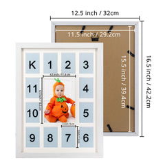GMFrames Baby First Years Photo Frames 12 Month Picture Frame School Years Graduation Photo Collage White Frame with Mat, Displays One 5x7 Photo and Twelve 2.5x3.5 Pictures