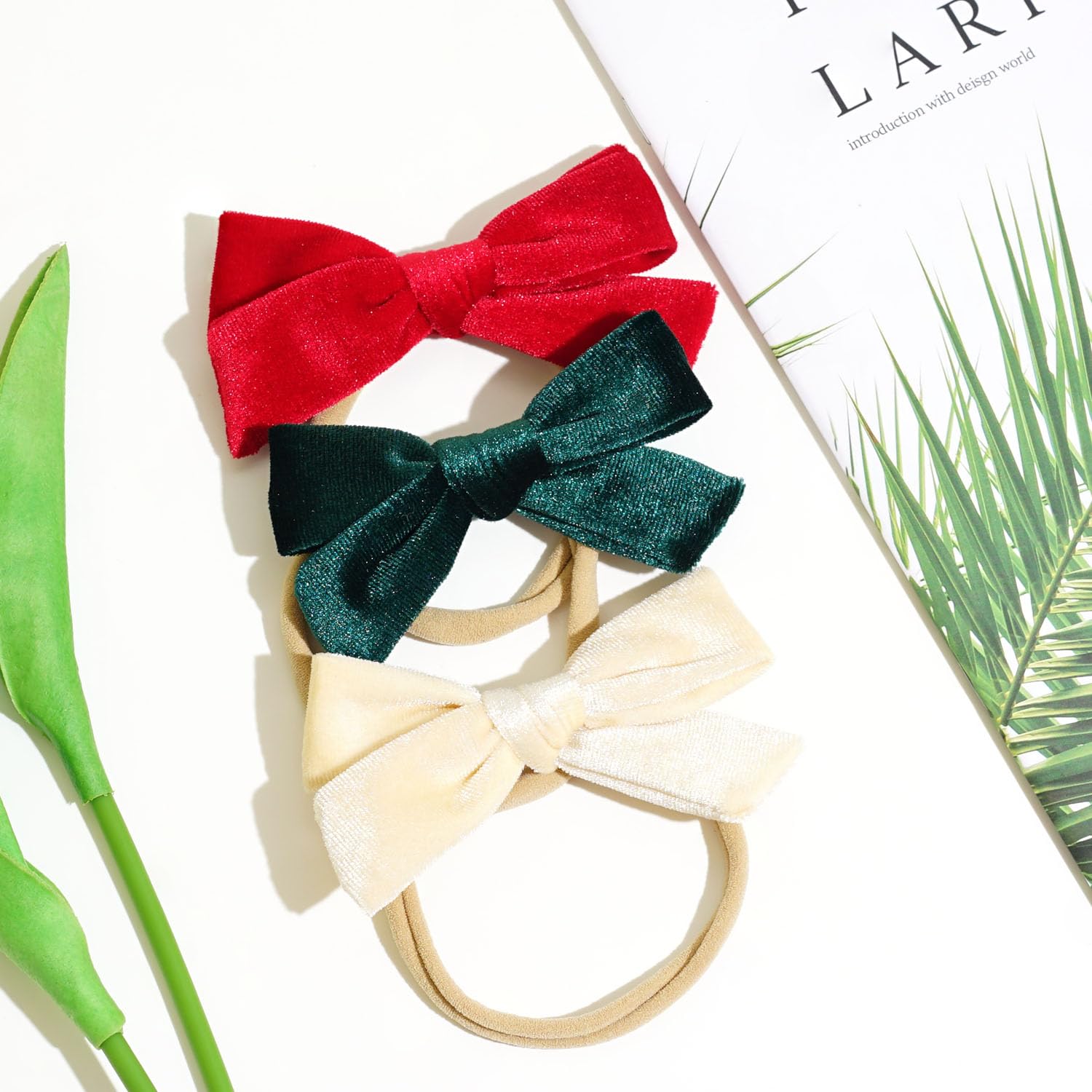 Jeffan 3Pcs 3.75" Velvet Baby Bows Headbands, Nylon Hairbands Elastic Hair Accessories for Newborn Infant Toddlers(Red, Beige, Dark Green)