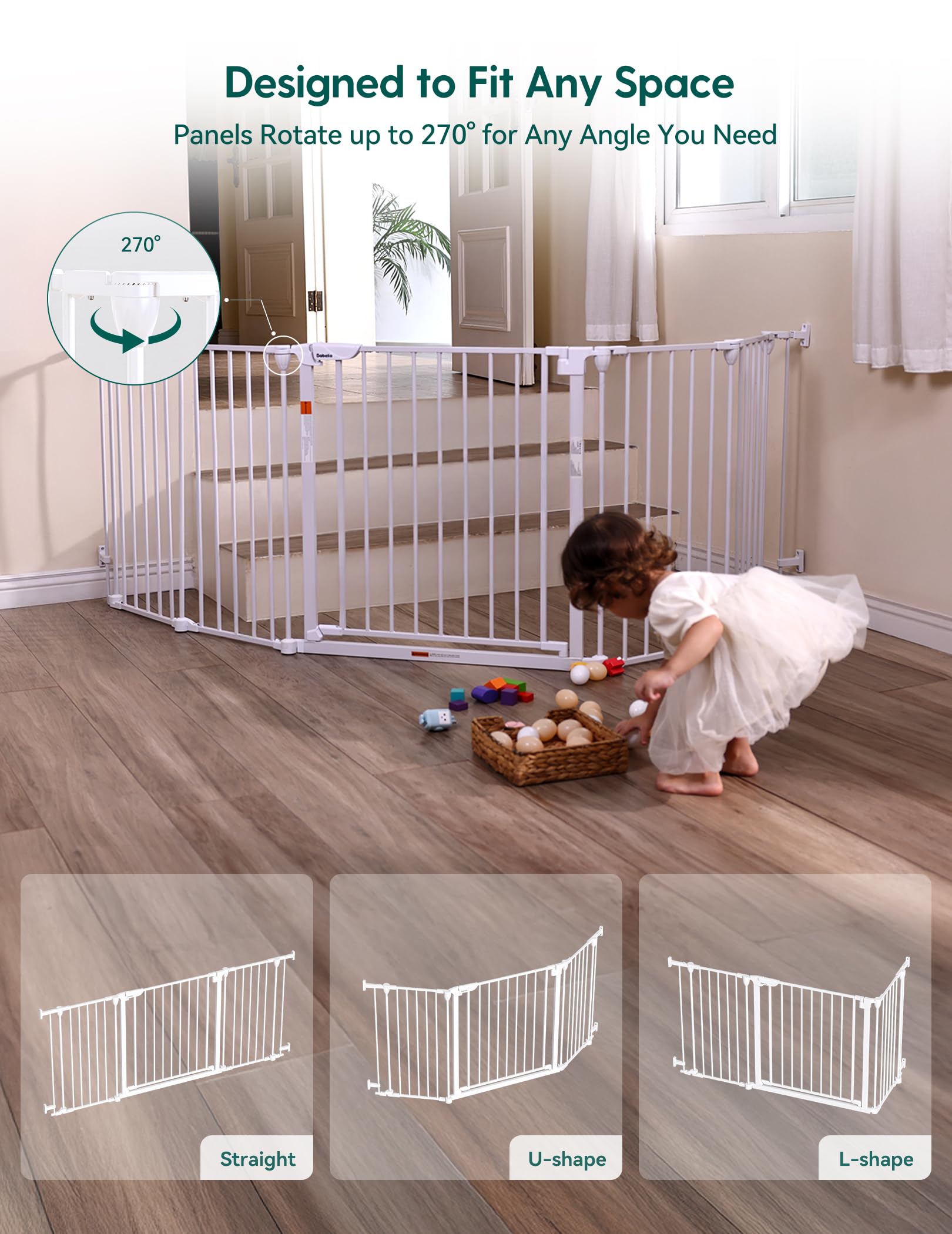 Babelio 71" Extra Wide Baby Gate, 30" Tall Auto Close Dog Fence for Stairs Kitchen Doorways Fireplace, Hardware Mounted Pet Gate Indoor, Foldable 3 Metal Panels, White