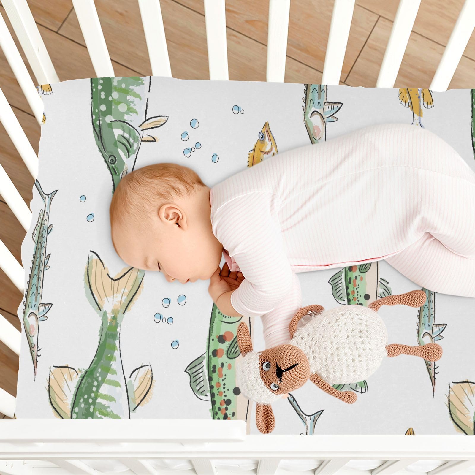 CaTaKu Watercolor Fish Mini Crib Sheets for Girls Boys Baby Mattress Sheets Fitted, Soft Toddler Nursery Bed Sheets Neutral 28"x 52"
