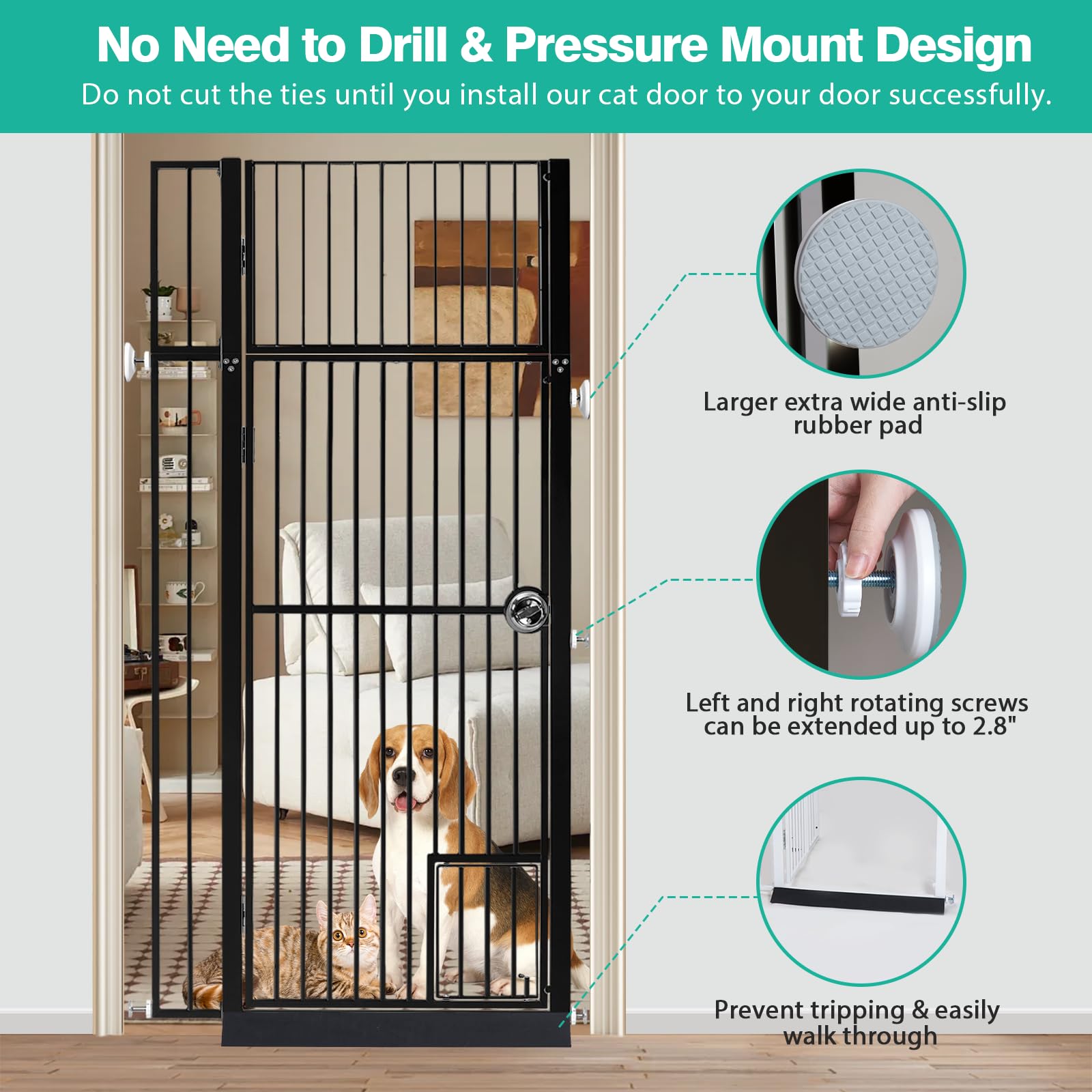 INRLKIT 71" Extra Tall Pet Gate Cat Gate with Cat Door, Fits for 28.7"&37.5" Extra Wide Pressure Mounted Pet Barrier Auto-Close Safety Pet Gate with Walk Through Door Latch,Black
