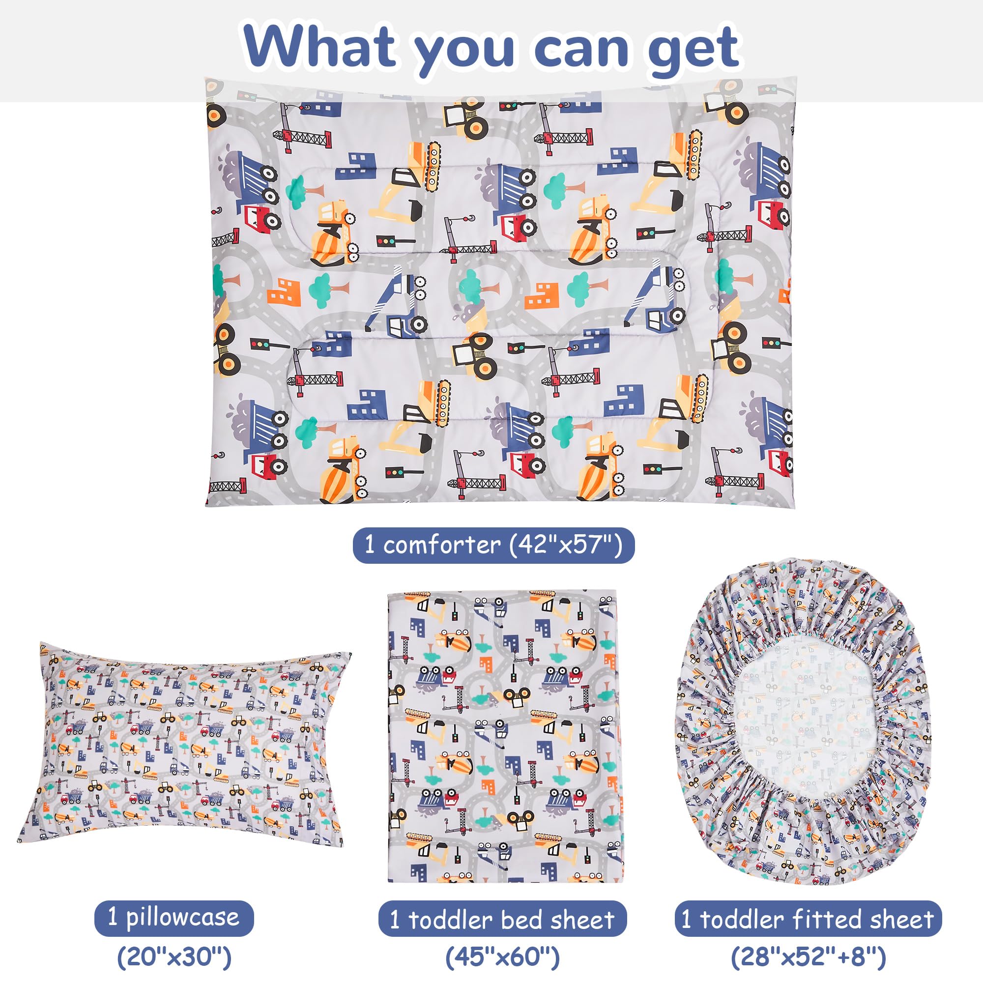 lasoftan Construction Toddler Bedding Set for Boys, 4 Piece Bed-in-a-Bag Toddler Comforter Sets, Excavator, Cars Printed, Super Soft and Comfortable Microfiber Todeeler Bed Set