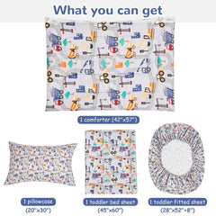 lasoftan Construction Toddler Bedding Set for Boys, 4 Piece Bed-in-a-Bag Toddler Comforter Sets, Excavator, Cars Printed, Super Soft and Comfortable Microfiber Todeeler Bed Set