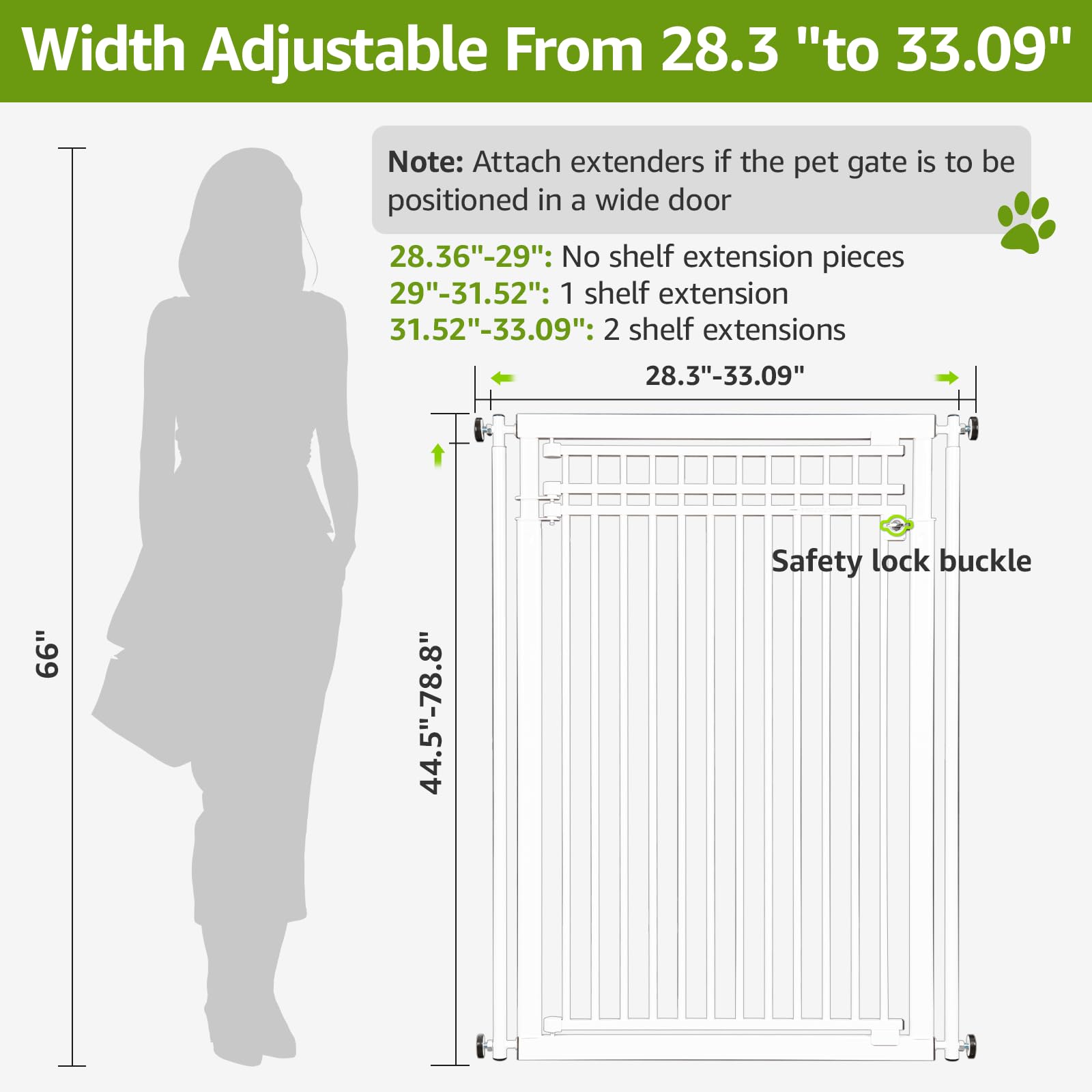 WIDERSAFER 78.8" Extra Tall Cat Gate, 28.3-33" Wide Safety Metal Cat Door, Pressure Mounted Easy Walk Through Pet Gate with Door for Stairs, Doorways, White